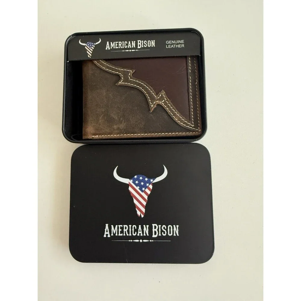American Bison Men’s Brown Logo Genuine Leather Wallet Two Tone Materials